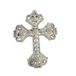 Vintage Florentine Filigree Cross Pendant 3.5" Silver-Tone Metal Religious Ornam